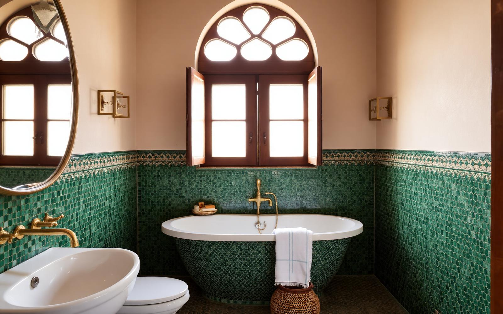 Riad bathroom with zellige tile and brass fixtures