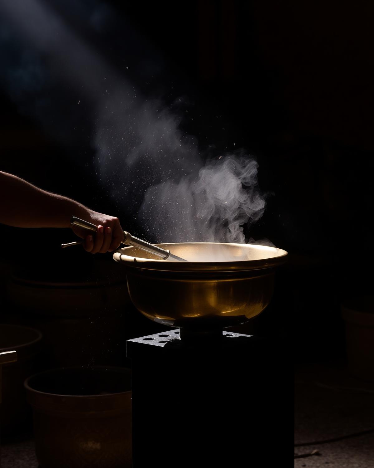 A craftsman hammering brass in the Marrakech workshop